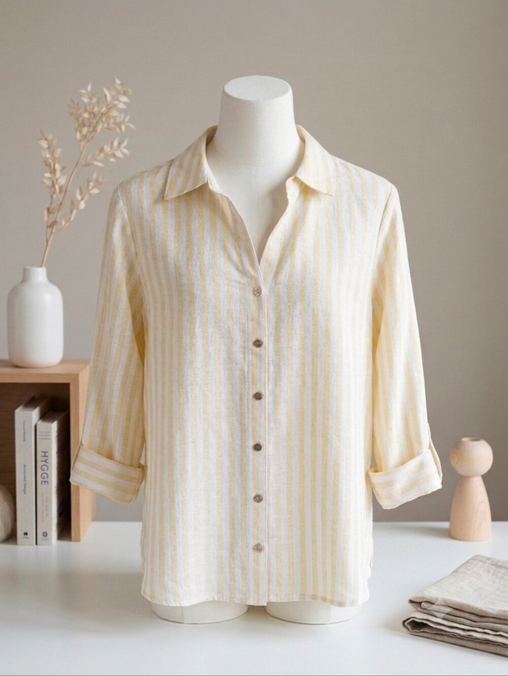 NEW Anne Klein 3/4 Tab Sleeve Button Up Blouse Yellow/White Stripe Size M